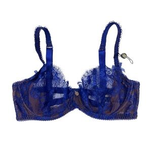 Dita Von Teese Savoir Fair Electric Blue Bra 32DD Lace Mesh Underwire Lingerie